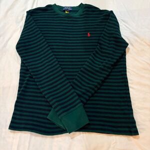 Polo Ralph Lauren L 14-16 Green Navy Striped Waffle Thermal Shirt Long Sleeve